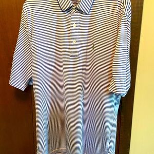 Straight Down men’s golf shirt. White/blue stripes.